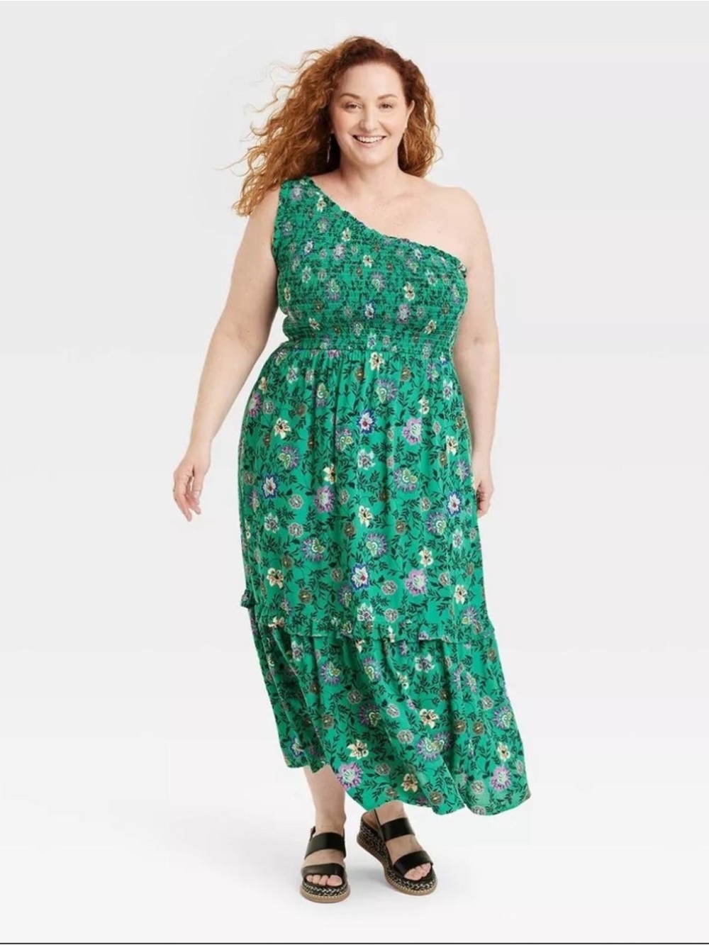 Knox Rose XXL Green Floral One Shoulder Smocked Tiered Boho Maxi Dress Rayon - Picture 3 of 6